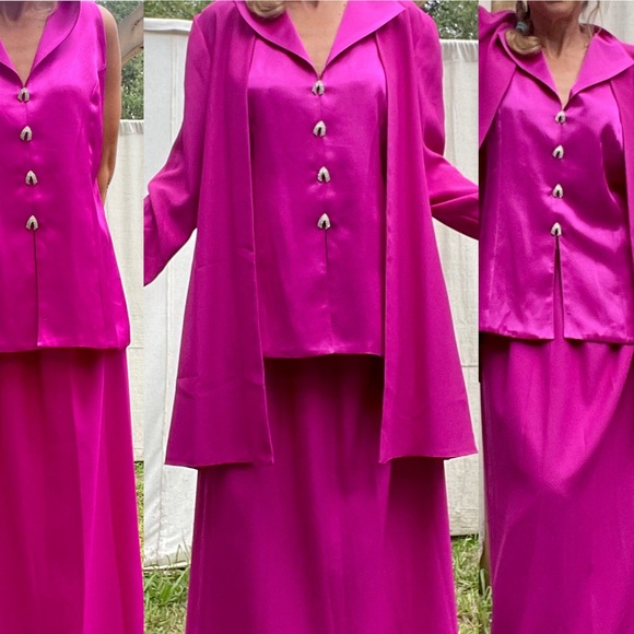 VTG PINK SATIN 3 Piece SUIT JACKET SKIRT & VEST RHINESTONES Dance Party - Picture 3 of 15